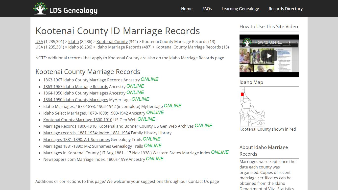 Kootenai County ID Marriage Records - LDS Genealogy